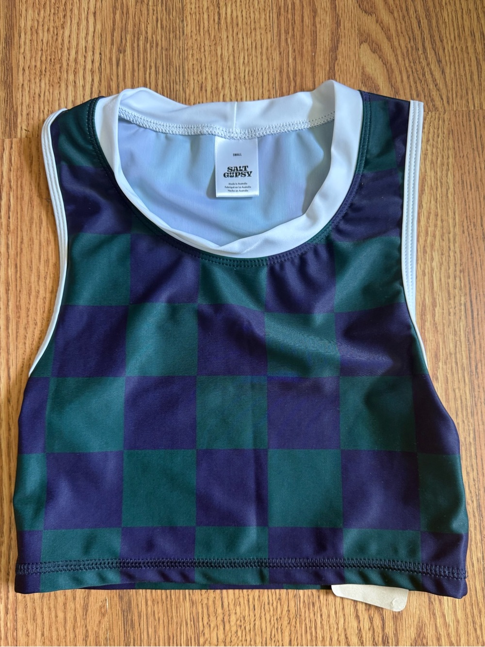 Salt Gypsy x Free People Green and Navy Checkered Crop Surf Top Size Small NWT